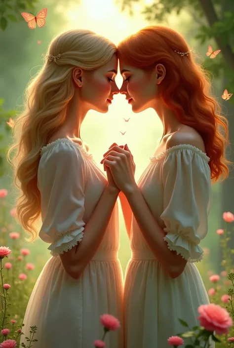 Blonde woman, ginger woman, holding hands, romantic scenery.