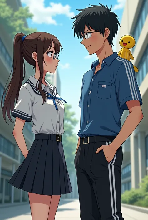 A woman wearing a school skirt, a school shirt, a belt, a ponytail, glasses, peeking at a man wearing black and white striped gym pants, a blue shirt, a blue backpack, and a yellow chimmy doll hanging.