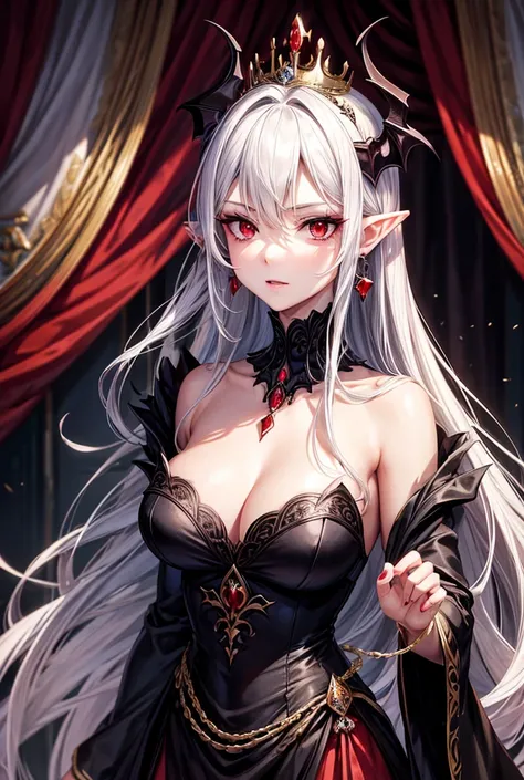 High Resolution, Breasts, Long Hair, Simple background, Red Eyes, Pointy Ears,Best Quality, Masterpiece, Anatomically Correct, Super Detailed, Earrings, Red Eyes, Jewelry, Hair Ornament, Crown, Tiara, Illustration, Anime, Anime Style, Vampire, Elegant, Ele...