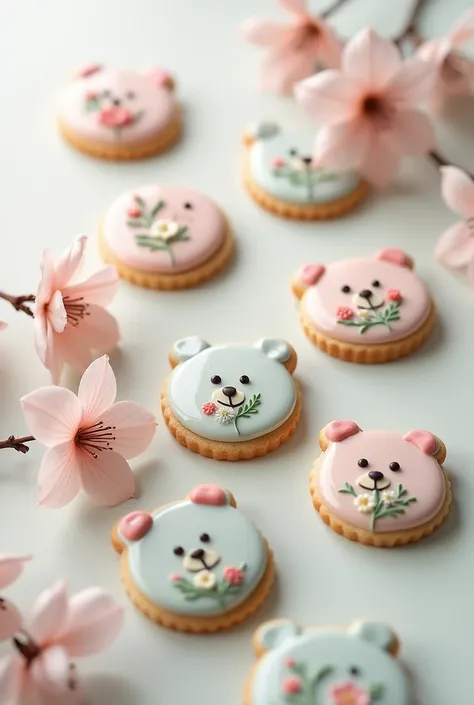 Icing Cookies、pastel、Botanical、Artistic, Very detailed, 8 pieces、From above、calligraphy、Round、Bear