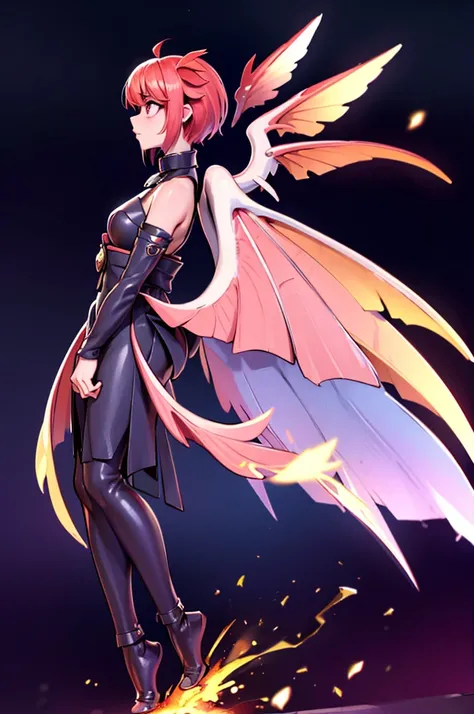 One girl, staring into the distance, nape of the neck, profile, burning eyes, Tokyo Eater, flaming, large wings, night sky background, full body shot