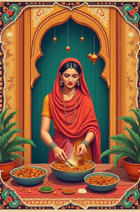 Make a poster to advertisement business of indian traditional dish which name is rajasthani healthy rabbddhi and the name of this poster should be add and the theme of poster must look very traditional