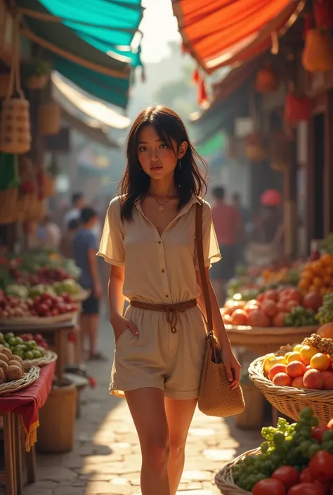 Casual Filipina white skinned woman in a market buying 