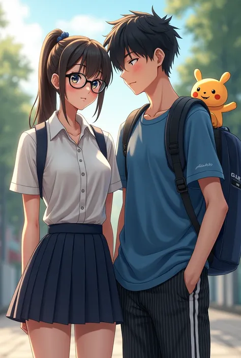 A woman wearing a school skirt, a school shirt with a waistband, a ponytail, and glasses. A man wearing black and white striped gym pants, a blue shirt on the outside, a blue backpack, and a yellow chimmy doll hanging.