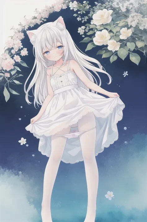 white pantyhose, no shoes, Cat ears, meadow, 
watercolor, masterpiece, best quality, extremely detailed, 1girl, full body, beautiful detailed eyes, cute anime face, full body, beautiful detailed face, white hair, white dress, masterpiece, best quality, hig...