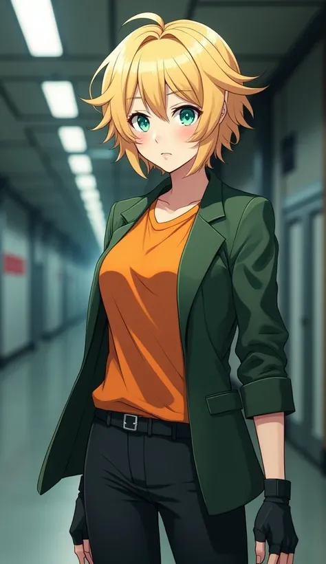 (best quality),female,solo,short hair,blond messy hair,green eyes,half open jacket,frown,orange shirt,half sleeves, lapel jacket,dark_green jacket,open neck,black pants,finger_less gloves,Science fiction,futuristic indoors,ultra-detailed,sharp focus,aesthe...