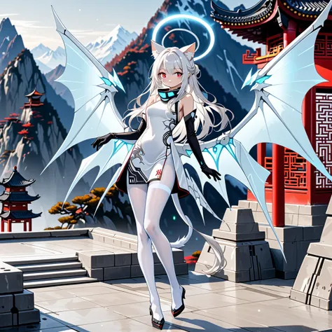 masterpiece, highest quality, highest resolution, clear_image, detailed details, white hair, long hair, 1 girl, cat ears, red eyes, futuristic halo, white sci-fi china dress, detached sleeves with black gloves,  white scarf (around the neck withn a light b...