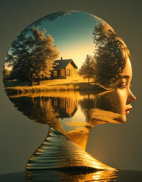 Minimalist composition，Golden Pond in the evening，Mirror reflection of trees and water，Surrealism，clean background，Cinema4D Rendering Style，Minimalist composition，Golden Pond in the evening，Mirror reflection of trees and water，Surrealism，clean background，C...