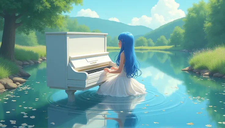 Blue-haired girl playing piano,White Dress,A floating white piano on a lake,Ghibli-style anime scene