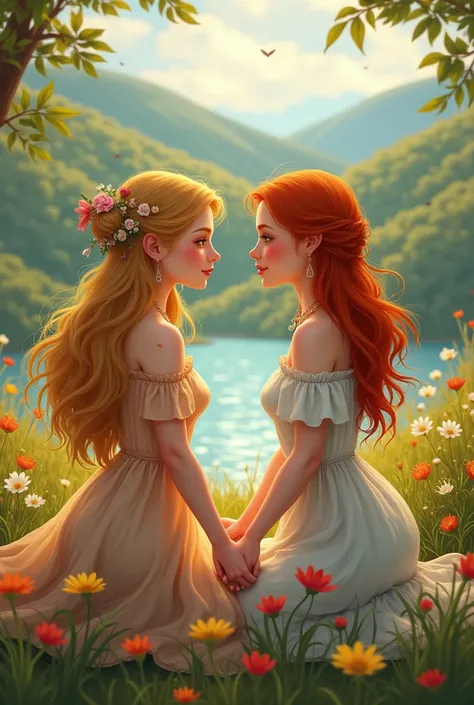 Blonde woman, ginger woman with freckles, holding hands, romantic scenery.