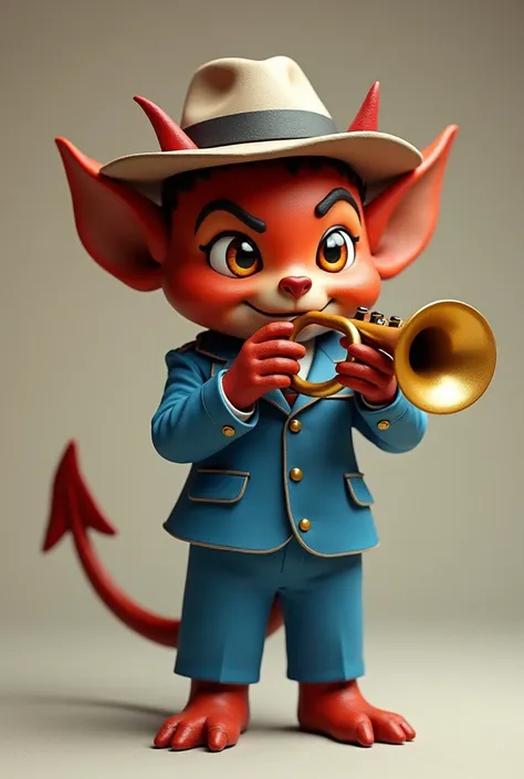 Little devil with a lead sheriff hat, blue aviation suit white shirt playing trumpet