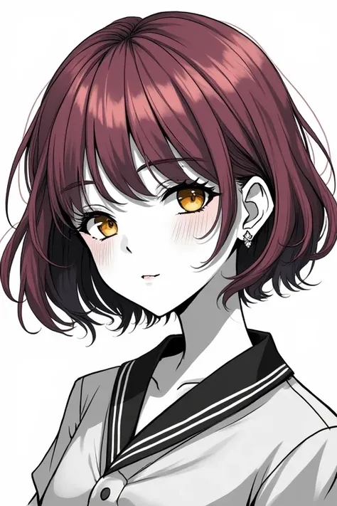 Highest quality,High resolution,Detailed illustrations,One girl,short hair,Perm,White,Reddish purple hair,Yellow Eyes,Diamond earrings,Detailed eyes,Detailed face,Detailed Hair,Detailed ears,Detailed clothing,Upper body and face,Full Face,Black and white i...