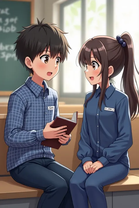 a boy of . He is talking with a girl and the girl is also 1. She is him friend. The boy wear a full pant with a check shirt. The shirt is full and it is blue color. The girl wear a 3 peace of blue colour. They are sitting on a classroom . The boy has a boo...