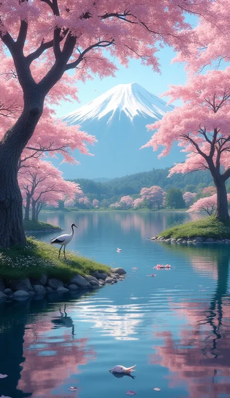 Spring scenery、Cherry tree、mount. Fuji Mountain, 湖に映るFuji Mountain, crane, 