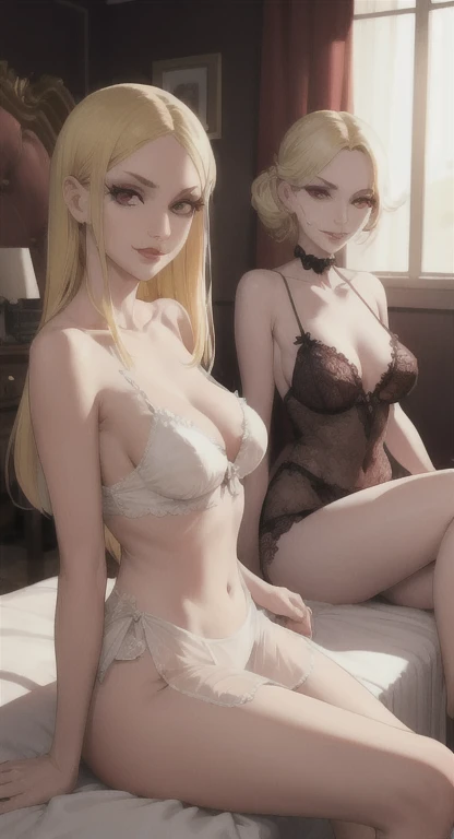 Two Malicious women , blonde, red eyes, smirking at viewer, bed, sitting, negligee,