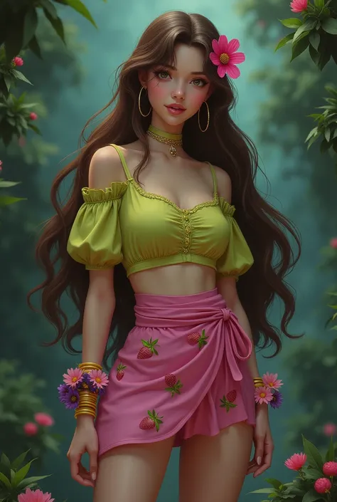 Floras a beautiful fairy,brown long hair with a flower in her head,civilian outfit is a bright yellowish-green off-the-shoulder smock top with puffy short sleeves that bares her midriff and belly, a pink wrap miniskirt with little slits on both sides, and ...