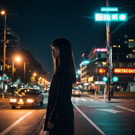 A sad woman standing at a deserted intersection in the middle of the night