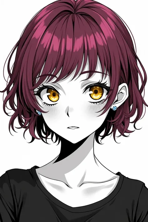 Highest quality,High resolution,Detailed illustrations,One girl,short hair,Perm,Reddish purple hair,Yellow Eyes,Diamond earrings,Detailed eyes,Detailed face,Detailed Hair,Detailed ears,Detailed clothing,Upper body and face,Full Face,Black and white illustr...