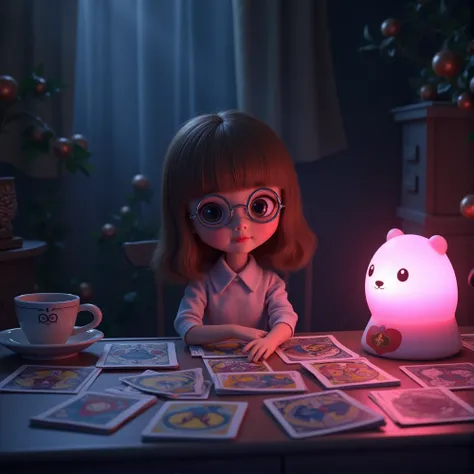 doll bartz without bangs in round glasses with brown hair,  in front of her on the a lot of tarot card table. There is a dark atmosphere around. There is a pink night light on the table that makes the room pink