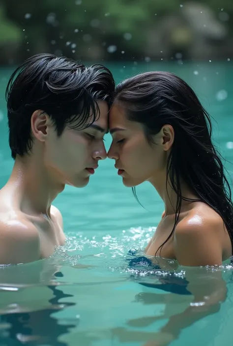 A lake with crystal-clear waters from its depths emerges a white-skinned boy, DARK hair, Grey eyes and a deep and enigmatic look. His facial features are defined, with a defined jaw and high cheekbones, Drops of water slide from her hair and she has a misc...