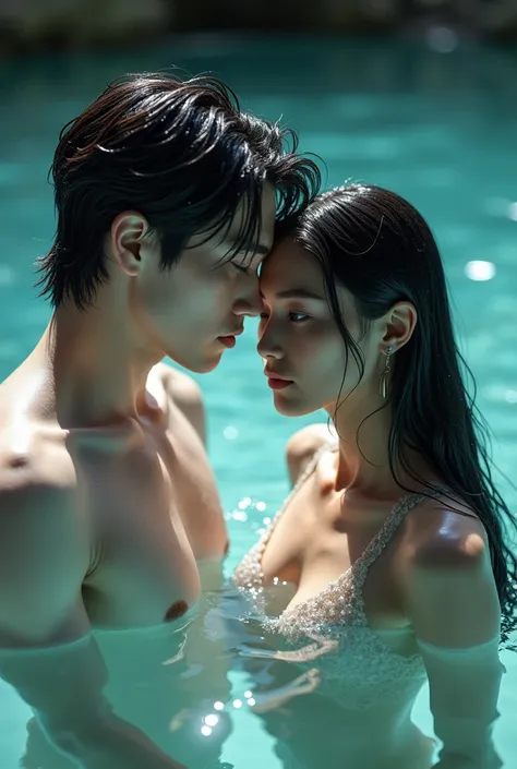 A lake with crystal-clear waters from its depths emerges a white-skinned boy, DARK hair, Grey eyes and a deep and enigmatic look. His facial features are defined, with a defined jaw and high cheekbones, Drops of water slide from her hair and she has a misc...