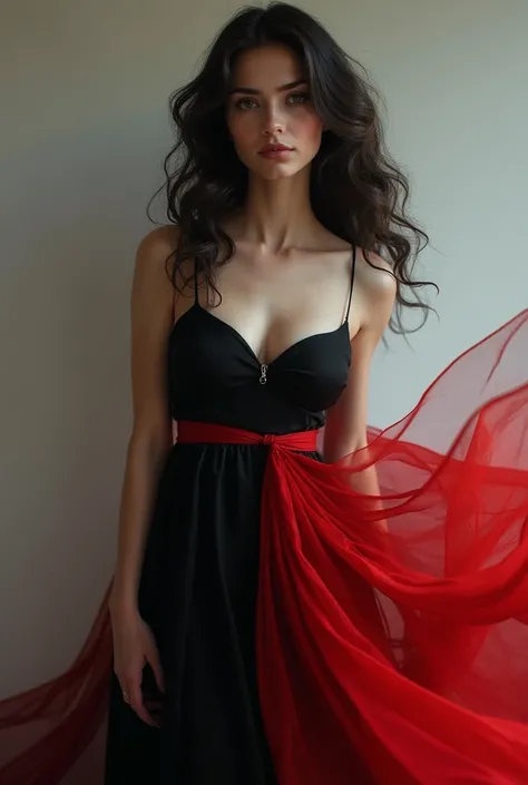 Beautiful very skinny slavic young girl with wavy black hair, red black dress, 