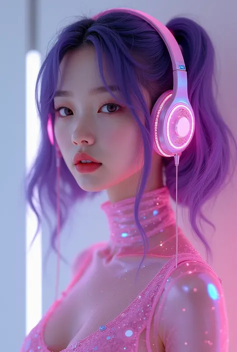 Korean purple hair butterfly woman with headphone and shiny pink outfit shiny pink and purple headphone and pigtails full body 