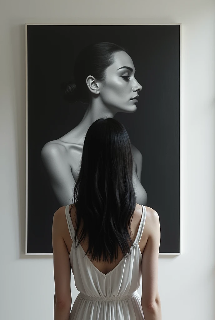 black haired white woman from behind admiring black and white painting on wall