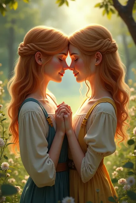 Blonde woman, ginger woman with freckles, holding hands, romantic scenery, realistic, detailed
