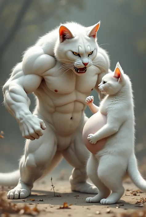 "a realistic, bodybuilder white cat With a white pregnent white lady cat, Expression-Angry, energetic.Boths cat colour-white"