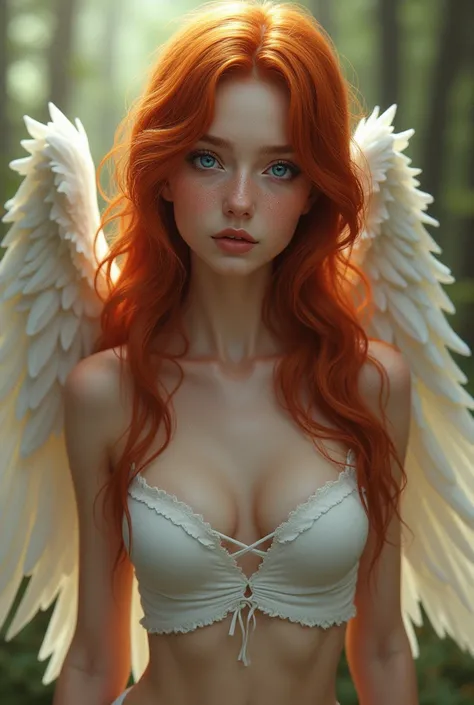 (Photorealism:1.2), beautiful redhead, blue eyes, , ailes dange, crop top et short

