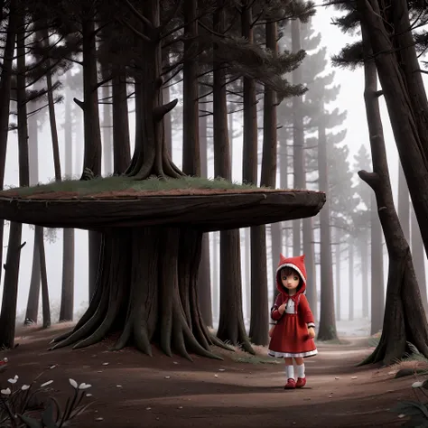 Little Red Riding Hood, black and white in the woods 