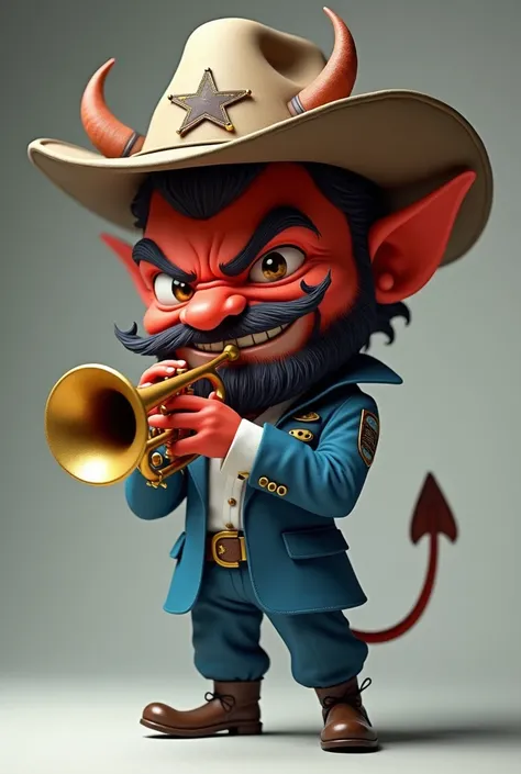 Little devil with beard and mustache wearing a lead sheriff hat, blue aviation suit white shirt playing trumpet