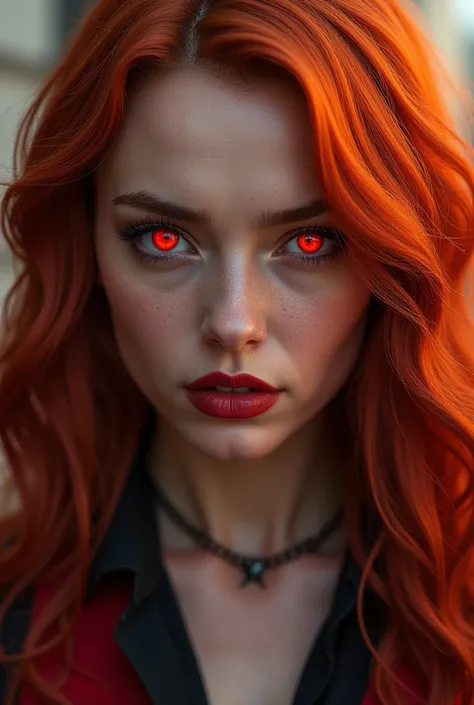 Wanda Maximoff, Red hair, , Marvel, Scarlet witch, Red orange Hair Face to Face. Evil looking, high realism, wanda Vision, red eys