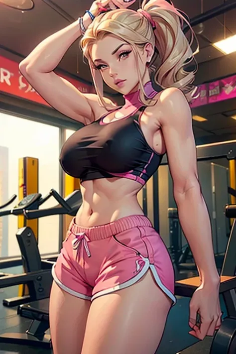 blonde, sculptural body, delicious, provocative, in gym, ((cropped)), ((upperboobs)), ((shorts)), ((Pink)).