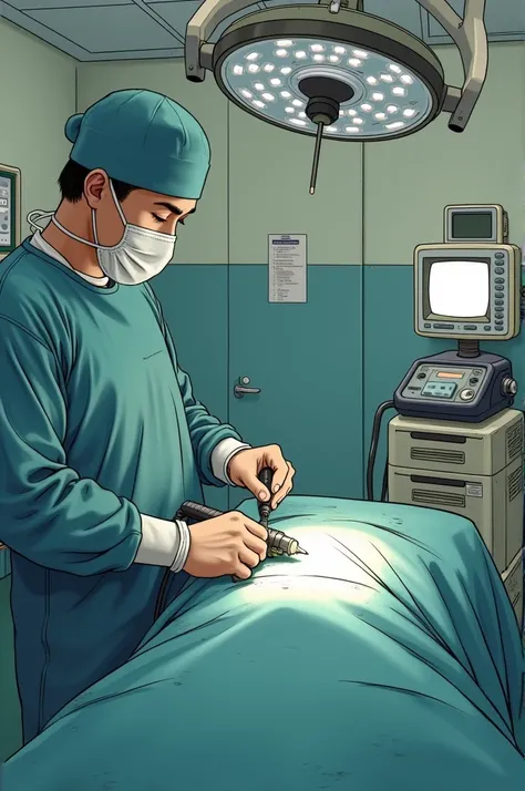 An image showing a simple operating room in a public SUS hospital. The surgeon uses a more basic-looking electric scalpel, without the shine and finish of more advanced equipment. The room has essential equipment, but with signs of wear and tear from use. ...