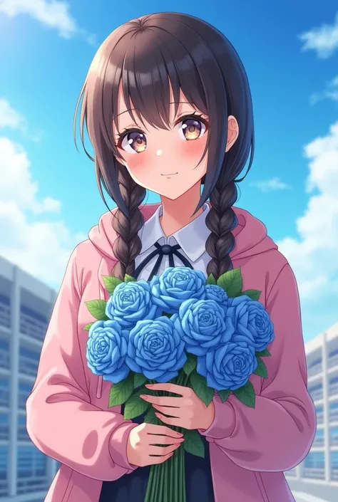 A woman in a student uniform with no buttons on the collar, a pink hoodie over it, holding a bouquet of blue roses, smiling with no teeth, looking straight ahead, with two braids, standing against the noon sky, a realistic person.