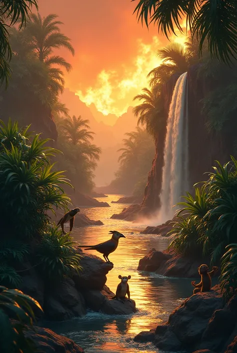 Jungle on fire, rivers and waterfalls drying pixar style drawing 