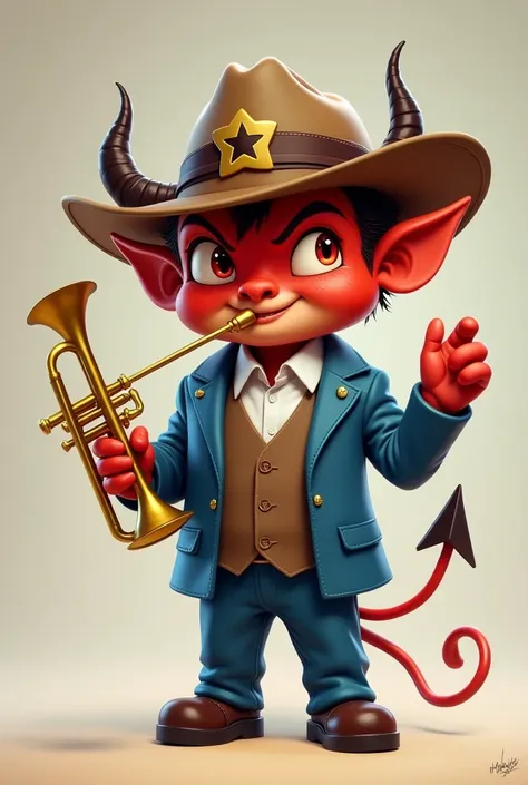 Little devil with a lead sheriff hat, blue aviation suit white shirt holding trumpet