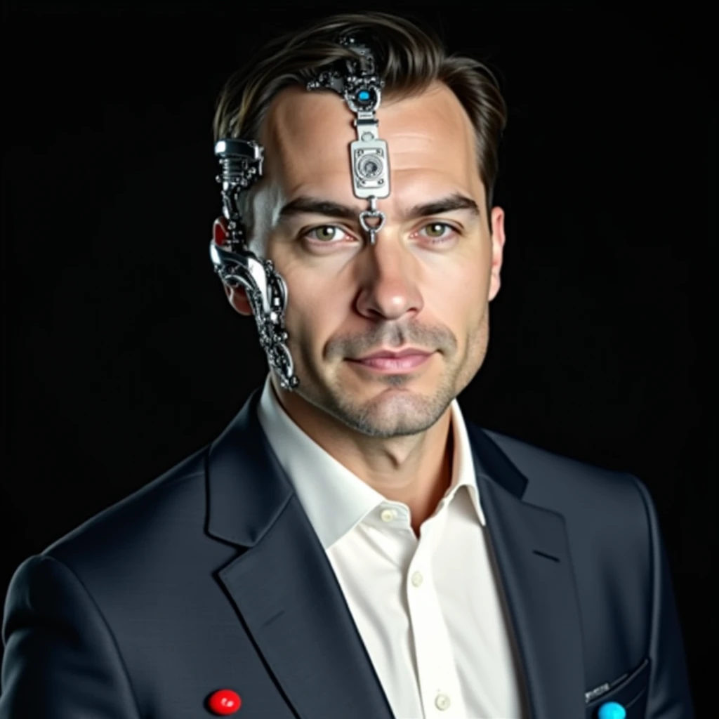 {
  "prompt": "A futuristic AI-generated man with half of his face robotic, standing in a sleek, high-tech environment. The human side of his face appears calm and composed, while the robotic side is detailed with metallic components and glowing circuits. ...