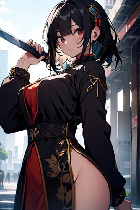 high resolution, black hair, qipao, tiny breasts, dagger, hold a sword, Mystical Pose