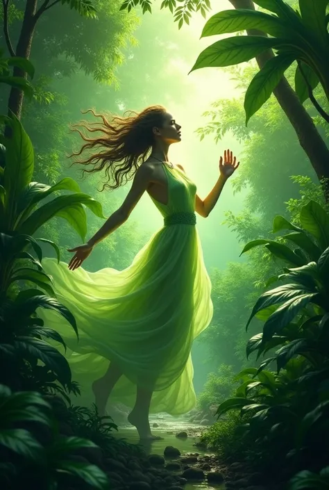 A human green leaves dance in jungle on a cip