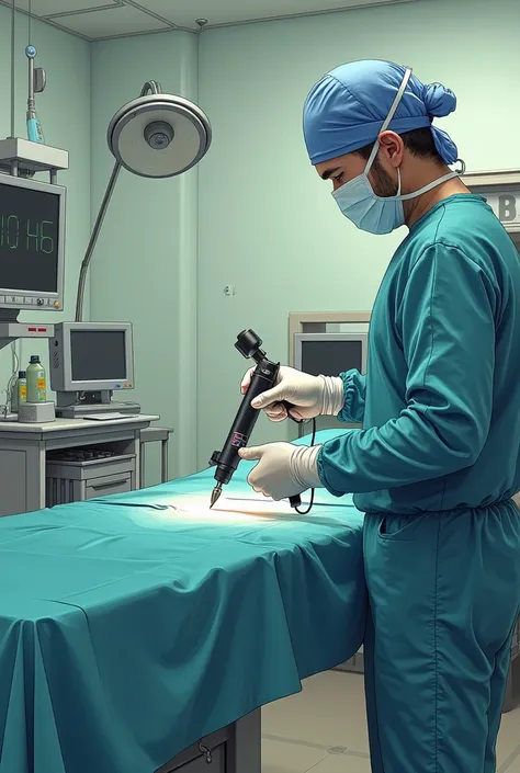 An image showing a simple operating room in a public SUS hospital. The surgeon uses a pen-type electric scalpel that looks more basic, without the shine and finish of more advanced equipment. The room has essential equipment, but with signs of wear and tea...