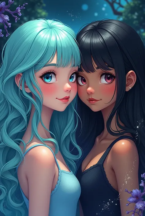 Sketch a realistic colored image of a pisces girl and a a scorpio girl appearances