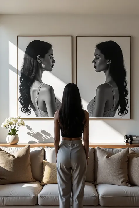 A Brazilian woman from behind admiring two 60x80 black and white paintings on the wall above the sofa, large and well-lit room 