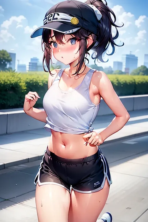 teenager,1 beautiful girl、(blush:0.6),Heavy breathing,Sports underwear、Belly-baring tank top、Vertical belly button, Black dolphin shorts、running, ponytail、Sports Cap, Glowing Skin、Expressway