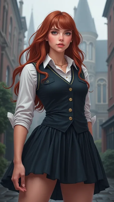 (rear view, backside view),An illustrated movie poster, hand-drawn, full color, a teenage Hogwarts student, 18-years-old, female, wearing a charcoal vest and a pleated skirt, athletic hourglass figure, full wide hips, massive round butt, long shapely legs,...