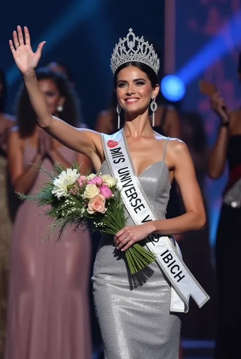 Miss universe, silver long kebaya brookat dress, at miss universe stage, wear crown, elegant, beautiful, 38 C huge boobs, slim, charming smile, sexy vibes. Sharp eyes, cool, bold make up. Sash Miss Universe. 

She hold the flower in her arms and wave to au...