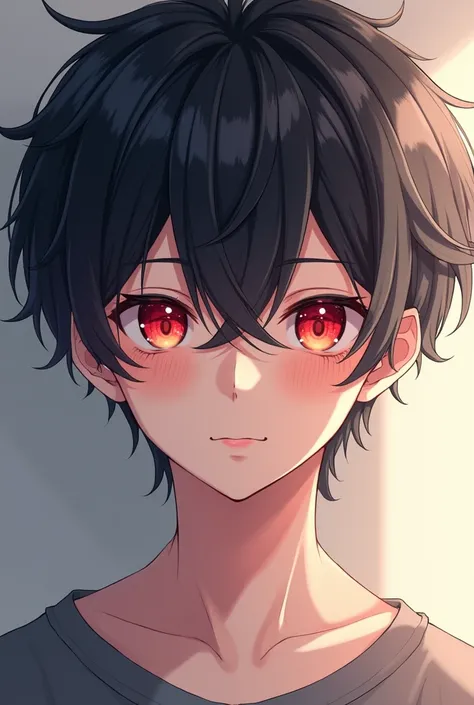 anime boy, adolescent, bonitas, Eyes red, blackquality hair, skin fair 