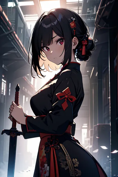 high resolution, turn to face the front, black hair, qipao, tiny breasts, dagger, hold a sword, Mystical Pose